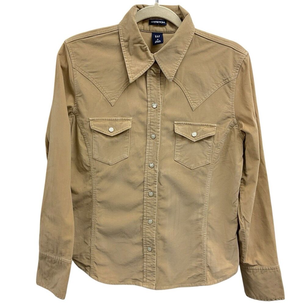 Vintage 2003 GAP Women's M Tan Corduroy Pearl‎ Snap Western Y2K Button-Up Shirt